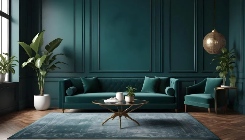 Digital Painting A Modern Living Room With A Dark Green Velvet Sofa A Wooden Coffee Table And A Potted Plant On A Glass Side Table The Walls Are A Deep Teal Color With Decorative Molding And The Floor Has A Patterne 1 D34d