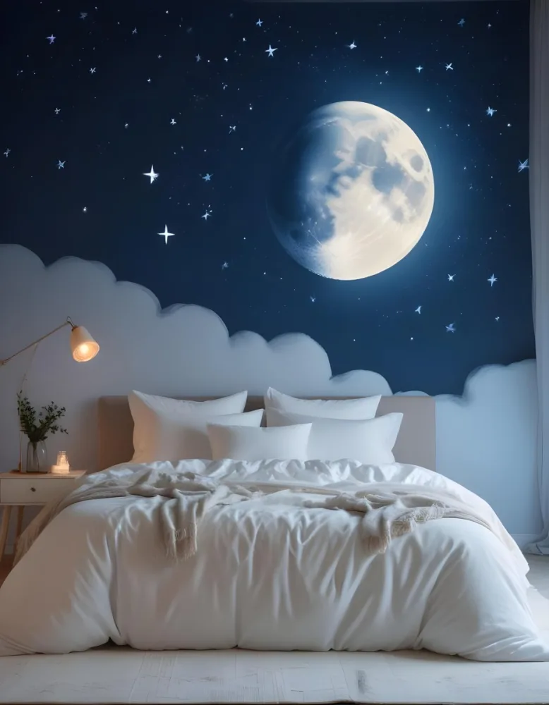 Minimal Soft Studio Light Photography A Cozy Bedroom With A Large Full Moon And Starry Night Sky Visible Through The Window The Room Has Plush White Bedding And Pillows Creating A Serene And Calming Atmosphere High De 7 A68f