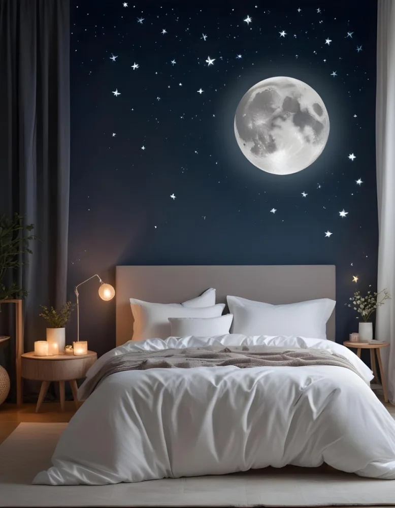Minimal Soft Studio Light Photography A Cozy Bedroom With A Large Full Moon And Starry Night Sky Visible Through The Window The Room Has Plush White Bedding And Pillows Creating A Serene And Calming Atmosphere High De 8 3e7e
