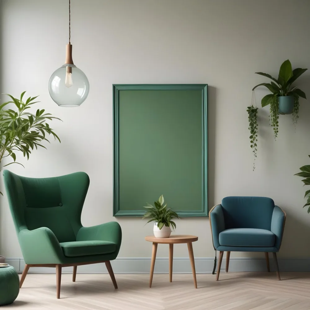 Minimal Soft Studio Light Photography A Green Armchair In A Minimalist Living Room With A Green Framed Wall Art Hanging Plants And A Glass Pendant Light Surrounded By A Blue Armchair In A Bright Atmosphere With Woode 1 2fbc