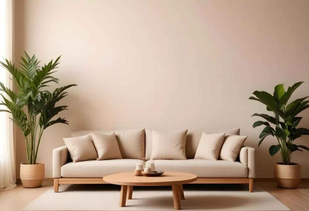 Minimal Soft Studio Light Photography A Modern Living Room With A Large Beige Sofa A Round Wooden Coffee Table And Potted Plants In The Background Against A Beige Wall High Detail Solid Bold Color Background 12 B5ca