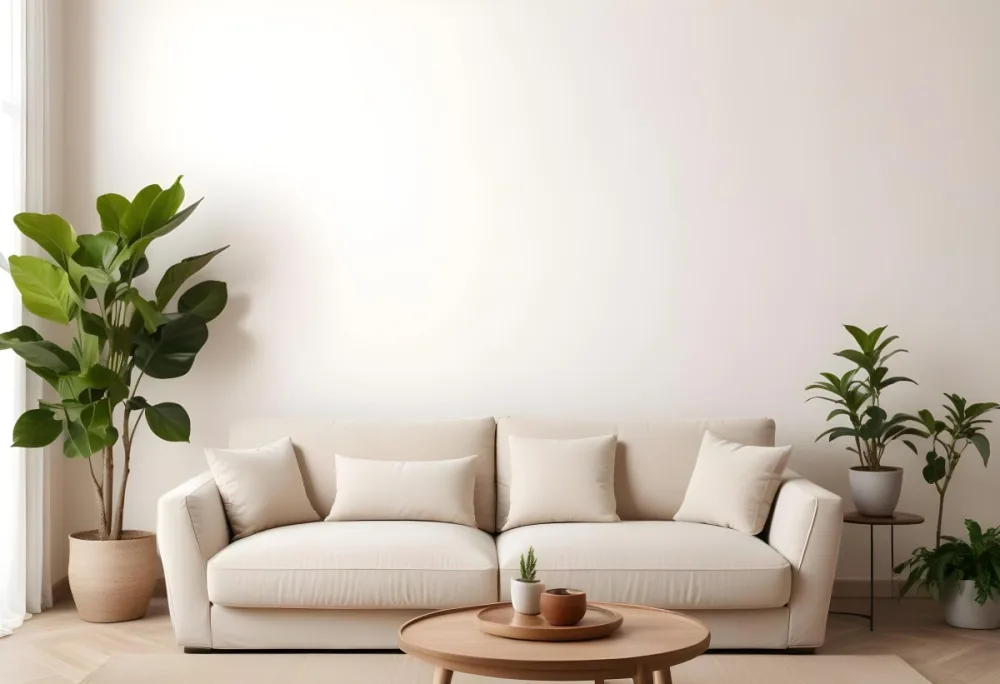 Minimal Soft Studio Light Photography A Modern Living Room With A Large Beige Sofa A Round Wooden Coffee Table And Potted Plants In The Background Against A Beige Wall High Detail Solid Bold Color Background 17 25fd