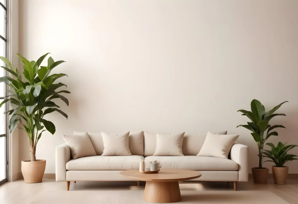 Minimal Soft Studio Light Photography A Modern Living Room With A Large Beige Sofa A Round Wooden Coffee Table And Potted Plants In The Background Against A Beige Wall High Detail Solid Bold Color Background 19 3230