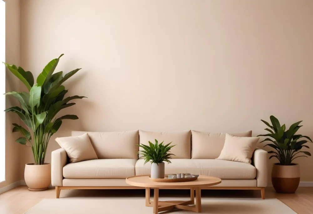 Minimal Soft Studio Light Photography A Modern Living Room With A Large Beige Sofa A Round Wooden Coffee Table And Potted Plants In The Background Against A Beige Wall High Detail Solid Bold Color Background 21 E2a1