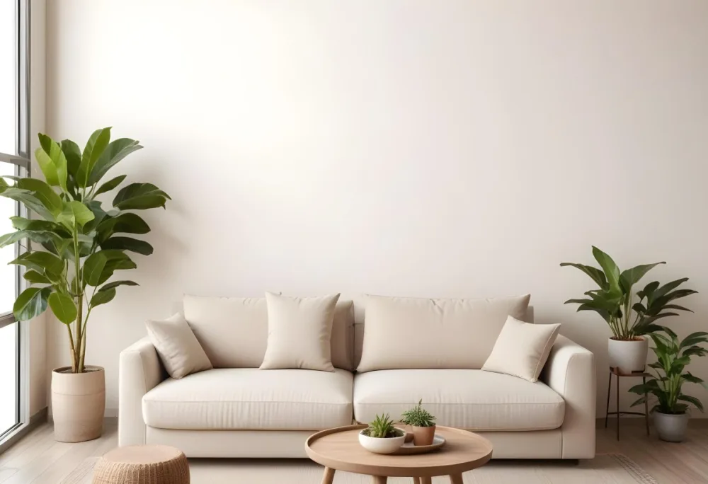 Minimal Soft Studio Light Photography A Modern Living Room With A Large Beige Sofa A Round Wooden Coffee Table And Potted Plants In The Background Against A Beige Wall High Detail Solid Bold Color Background 22 3c8a