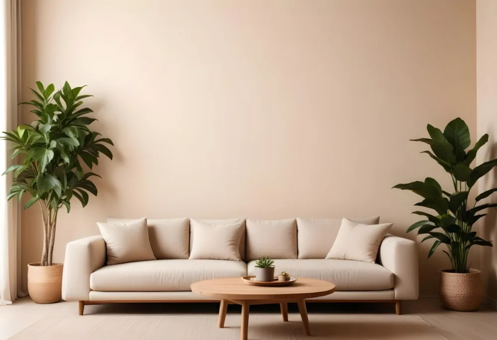Minimal Soft Studio Light Photography A Modern Living Room With A Large Beige Sofa A Round Wooden Coffee Table And Potted Plants In The Background Against A Beige Wall High Detail Solid Bold Color Background 23 4801