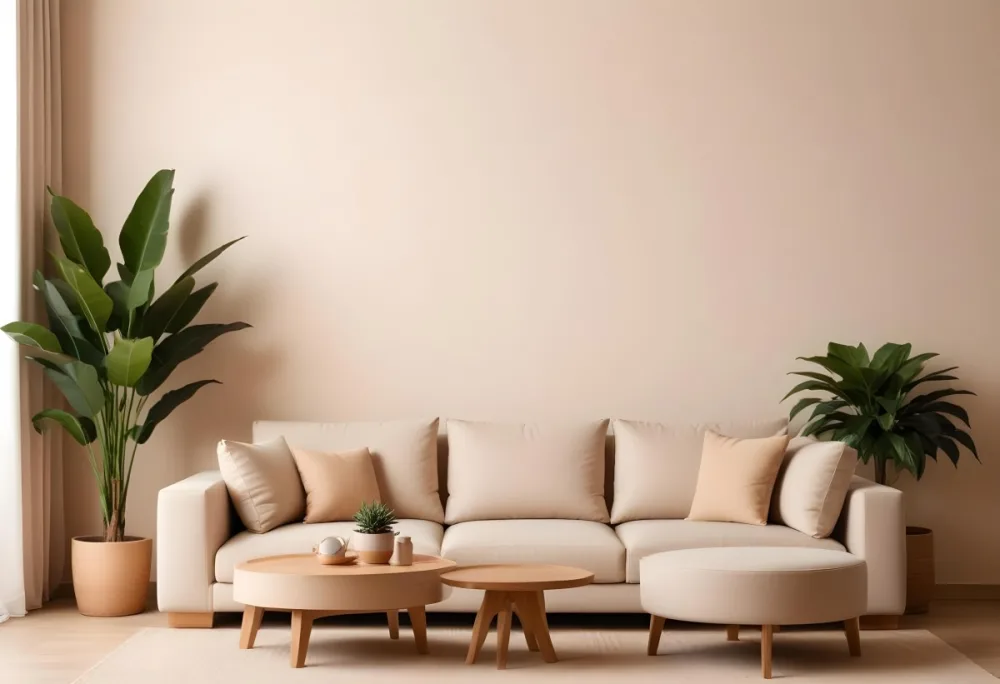 Minimal Soft Studio Light Photography A Modern Living Room With A Large Beige Sofa A Round Wooden Coffee Table And Potted Plants In The Background Against A Beige Wall High Detail Solid Bold Color Background 3 9a35