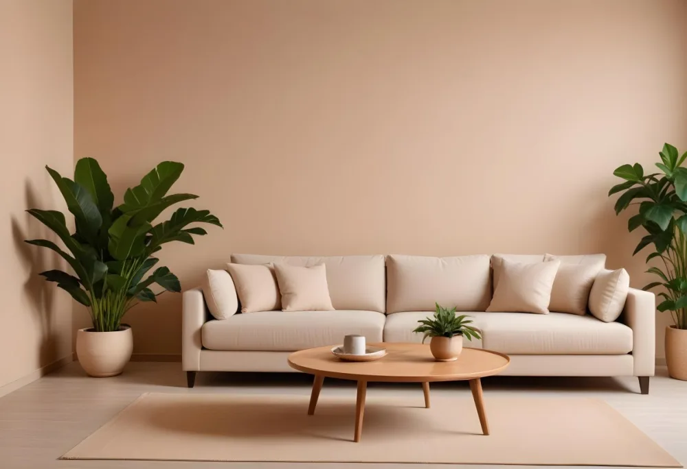 Minimal Soft Studio Light Photography A Modern Living Room With A Large Beige Sofa A Round Wooden Coffee Table And Potted Plants In The Background Against A Beige Wall High Detail Solid Bold Color Background 4 C921