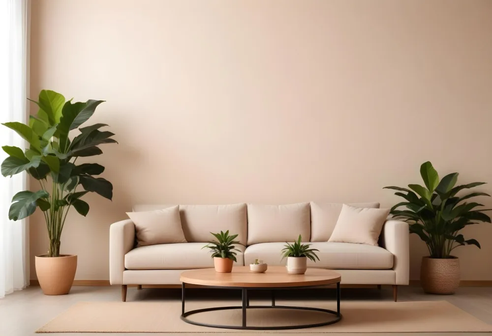 Minimal Soft Studio Light Photography A Modern Living Room With A Large Beige Sofa A Round Wooden Coffee Table And Potted Plants In The Background Against A Beige Wall High Detail Solid Bold Color Background 5 3540