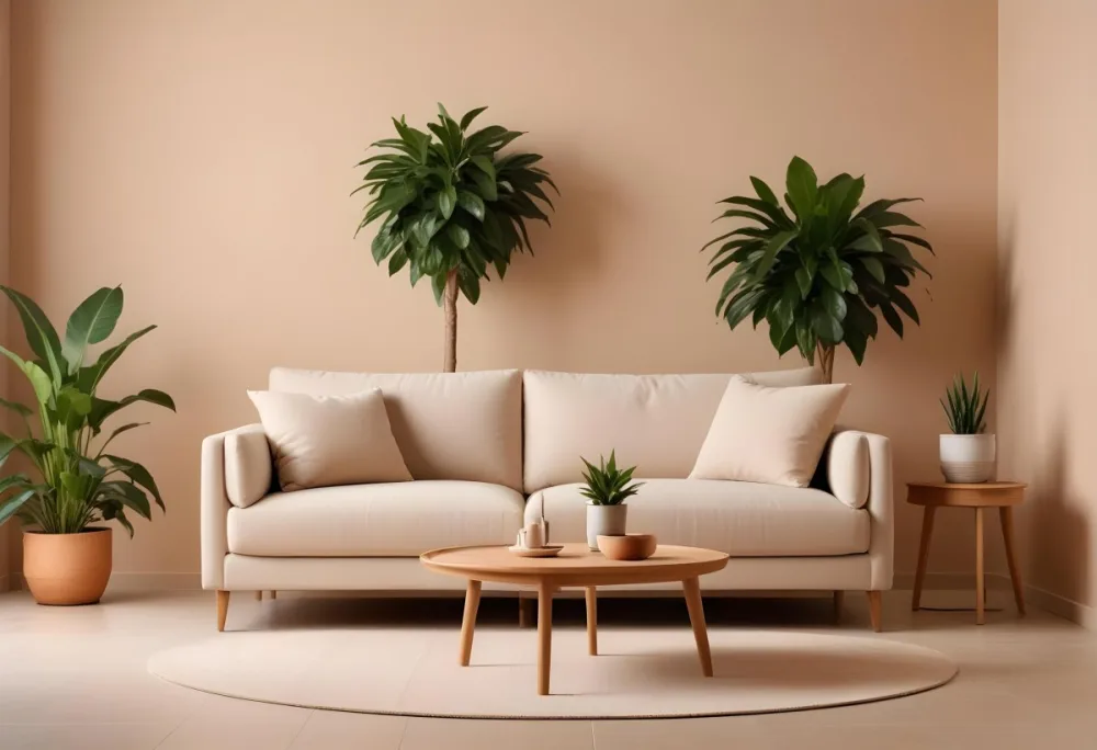 Minimal Soft Studio Light Photography A Modern Living Room With A Large Beige Sofa A Round Wooden Coffee Table And Potted Plants In The Background Against A Beige Wall High Detail Solid Bold Color Background 6 D87d
