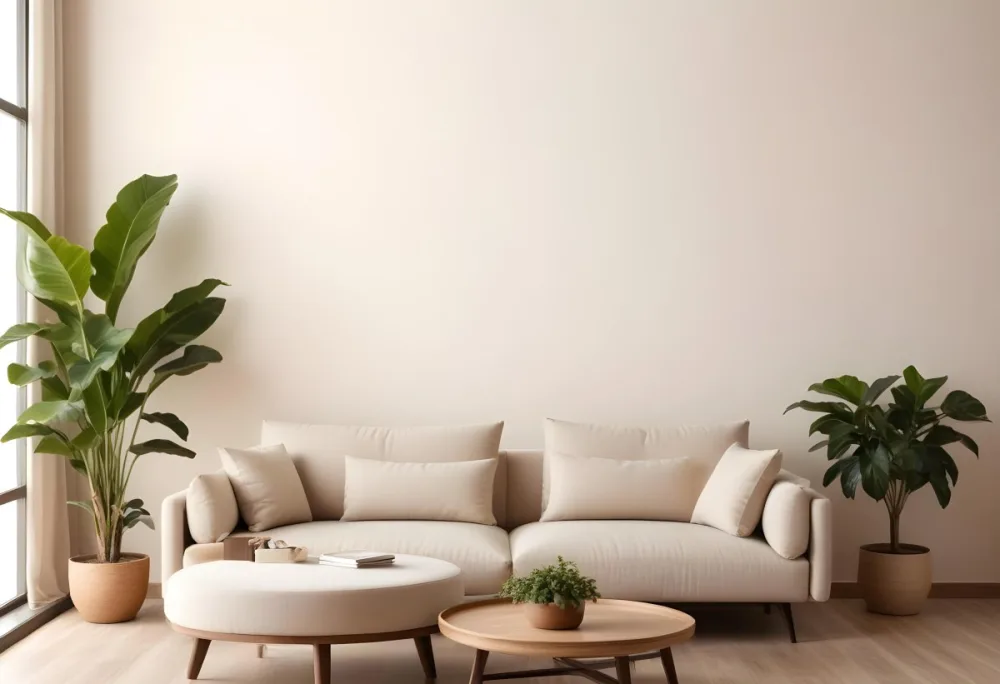 Minimal Soft Studio Light Photography A Modern Living Room With A Large Beige Sofa A Round Wooden Coffee Table And Potted Plants In The Background Against A Beige Wall High Detail Solid Bold Color Background 7 6700