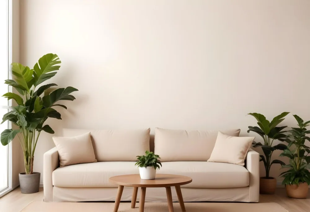 Minimal Soft Studio Light Photography A Modern Living Room With A Large Beige Sofa A Round Wooden Coffee Table And Potted Plants In The Background Against A Beige Wall High Detail Solid Bold Color Background 8 9f70