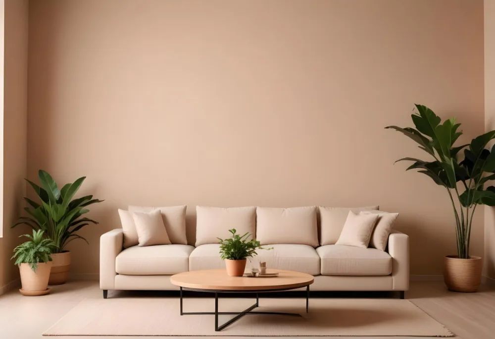 Minimal Soft Studio Light Photography A Modern Living Room With A Large Beige Sofa A Round Wooden Coffee Table And Potted Plants In The Background Against A Beige Wall High Detail Solid Bold Color Background 9 4503
