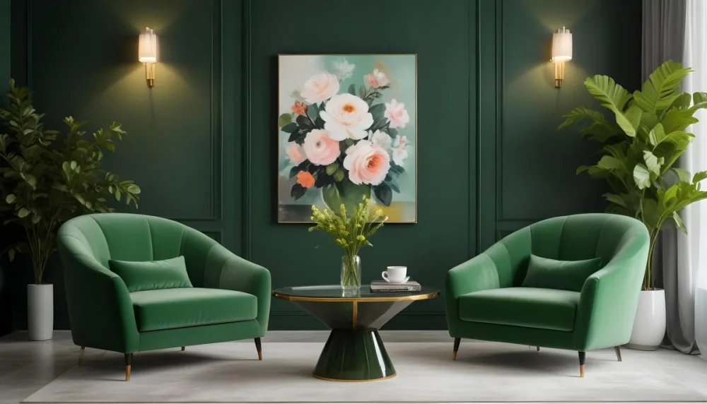 Minimal Soft Studio Light Photography A Modern Living Room With Two Green Velvet Armchairs A Glass Coffee Table With A Vase Of Flowers And A Large Abstract Floral Painting On The Wall High Detail Solid Bold 1 80de