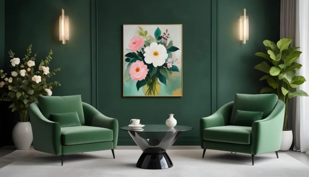Minimal Soft Studio Light Photography A Modern Living Room With Two Green Velvet Armchairs A Glass Coffee Table With A Vase Of Flowers And A Large Abstract Floral Painting On The Wall High Detail Solid Bold 10 6ca2