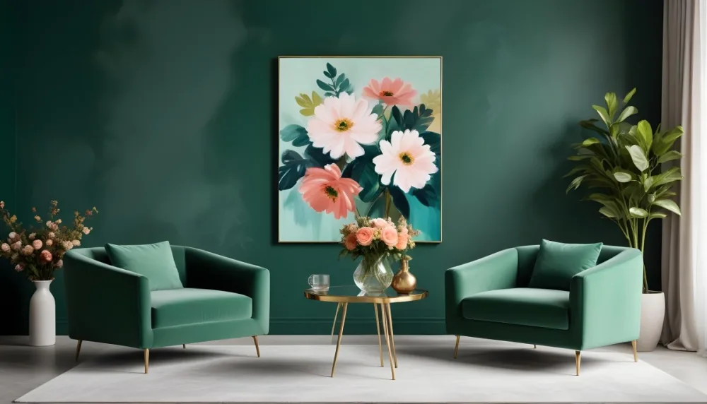 Minimal Soft Studio Light Photography A Modern Living Room With Two Green Velvet Armchairs A Glass Coffee Table With A Vase Of Flowers And A Large Abstract Floral Painting On The Wall High Detail Solid Bold 11 9725