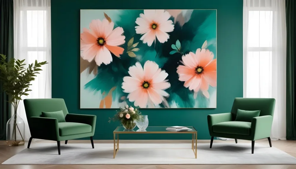 Minimal Soft Studio Light Photography A Modern Living Room With Two Green Velvet Armchairs A Glass Coffee Table With A Vase Of Flowers And A Large Abstract Floral Painting On The Wall High Detail Solid Bold 3 61ad