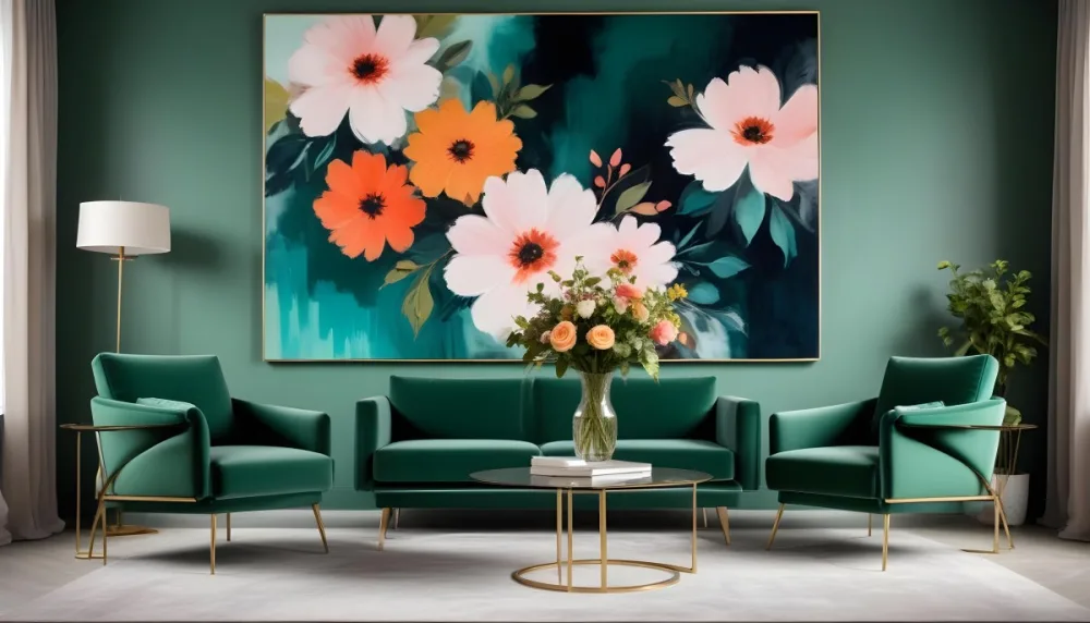 Minimal Soft Studio Light Photography A Modern Living Room With Two Green Velvet Armchairs A Glass Coffee Table With A Vase Of Flowers And A Large Abstract Floral Painting On The Wall High Detail Solid Bold 4 2331