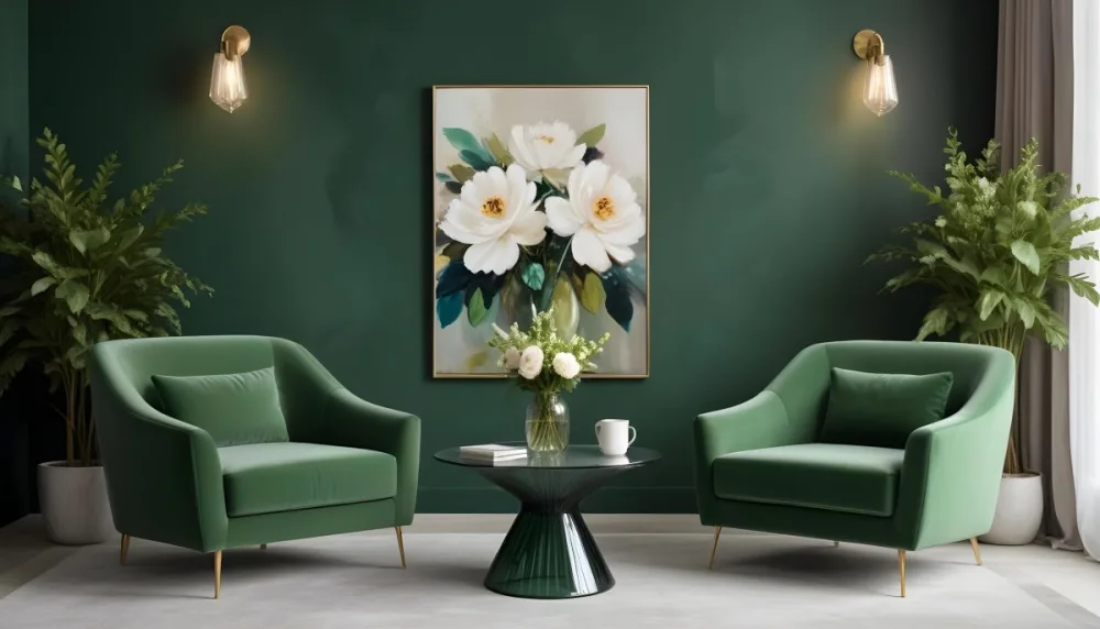 Minimal Soft Studio Light Photography A Modern Living Room With Two Green Velvet Armchairs A Glass Coffee Table With A Vase Of Flowers And A Large Abstract Floral Painting On The Wall High Detail Solid Bold 5 63d9