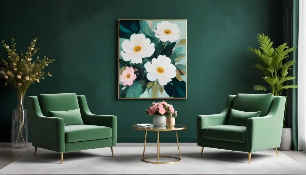 Minimal Soft Studio Light Photography A Modern Living Room With Two Green Velvet Armchairs A Glass Coffee Table With A Vase Of Flowers And A Large Abstract Floral Painting On The Wall High Detail Solid Bold 6 0696