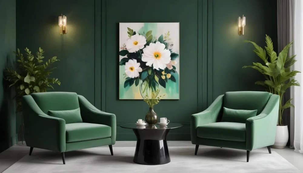 Minimal Soft Studio Light Photography A Modern Living Room With Two Green Velvet Armchairs A Glass Coffee Table With A Vase Of Flowers And A Large Abstract Floral Painting On The Wall High Detail Solid Bold 7 282e