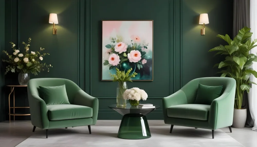 Minimal Soft Studio Light Photography A Modern Living Room With Two Green Velvet Armchairs A Glass Coffee Table With A Vase Of Flowers And A Large Abstract Floral Painting On The Wall High Detail Solid Bold 8 C2e4