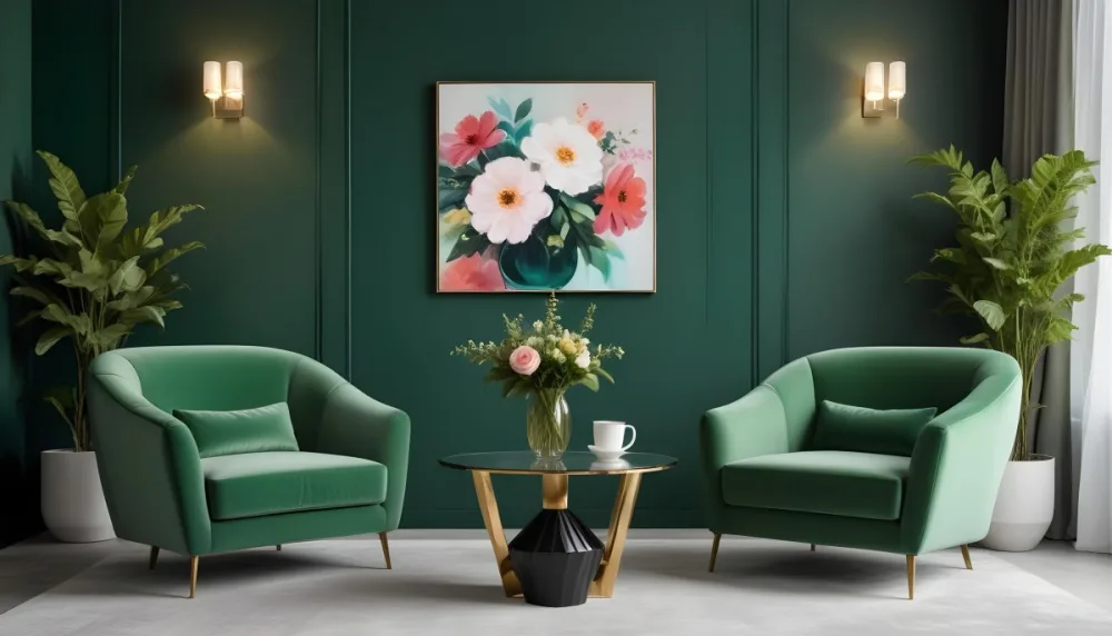 Minimal Soft Studio Light Photography A Modern Living Room With Two Green Velvet Armchairs A Glass Coffee Table With A Vase Of Flowers And A Large Abstract Floral Painting On The Wall High Detail Solid Bold 9 B2f9