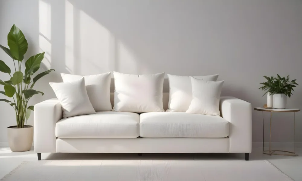 Minimal Soft Studio Light Photography A White Modern Sofa With Several Throw Pillows In A Minimalist Living Room Setting High Detail Solid Bold Color Background 10 F39e