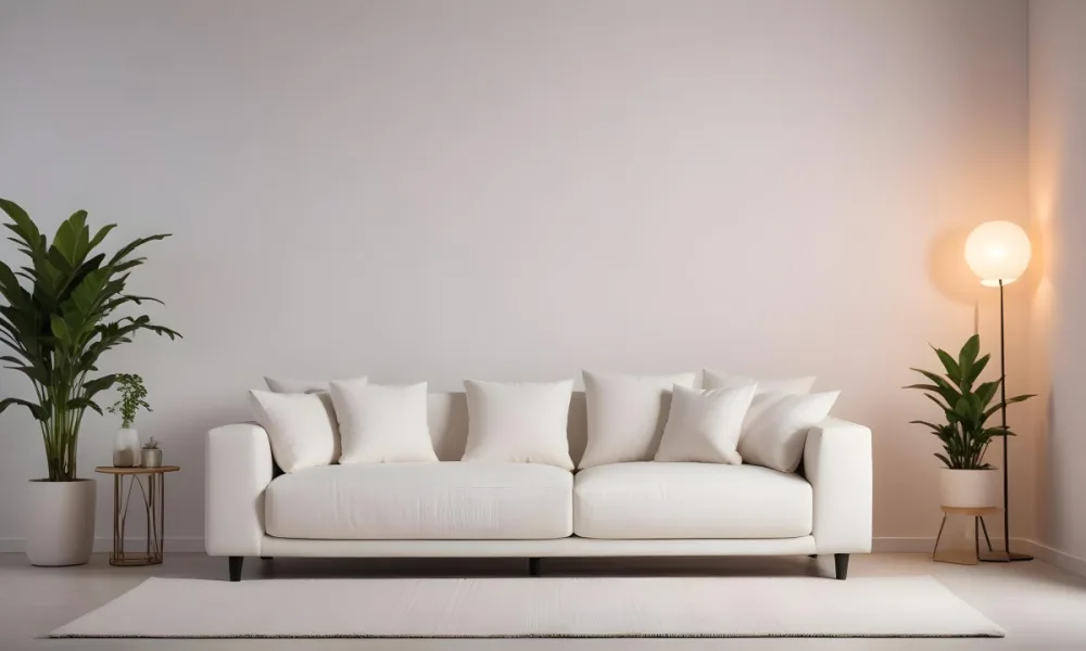 Minimal Soft Studio Light Photography A White Modern Sofa With Several Throw Pillows In A Minimalist Living Room Setting High Detail Solid Bold Color Background 3 A82f