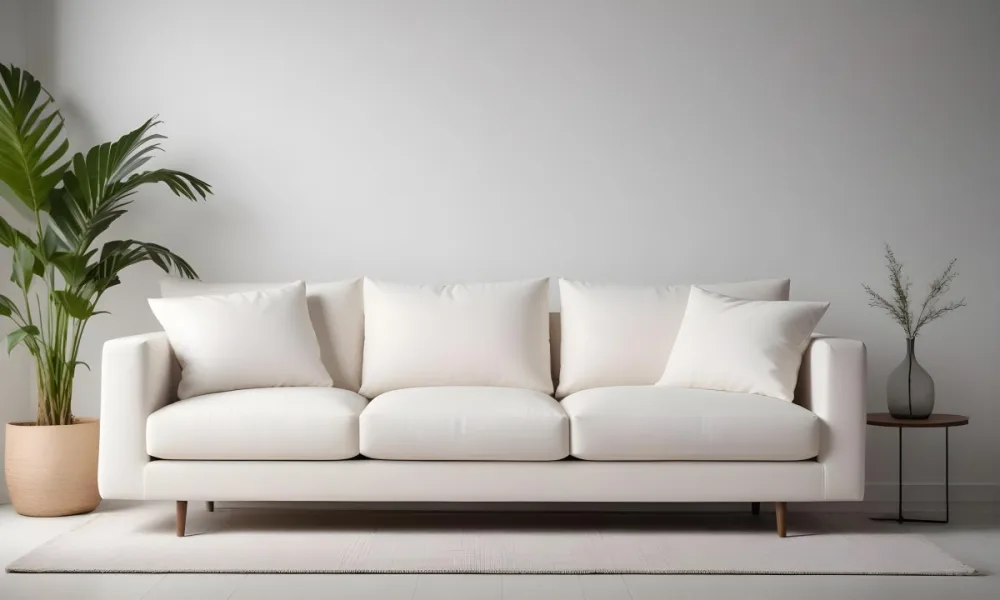 Minimal Soft Studio Light Photography A White Modern Sofa With Several Throw Pillows In A Minimalist Living Room Setting High Detail Solid Bold Color Background 7 C3e5