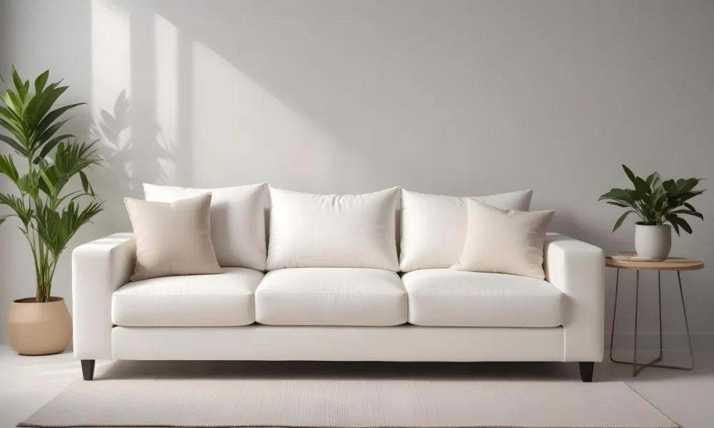 Minimal Soft Studio Light Photography A White Modern Sofa With Several Throw Pillows In A Minimalist Living Room Setting High Detail Solid Bold Color Background 9 09c6