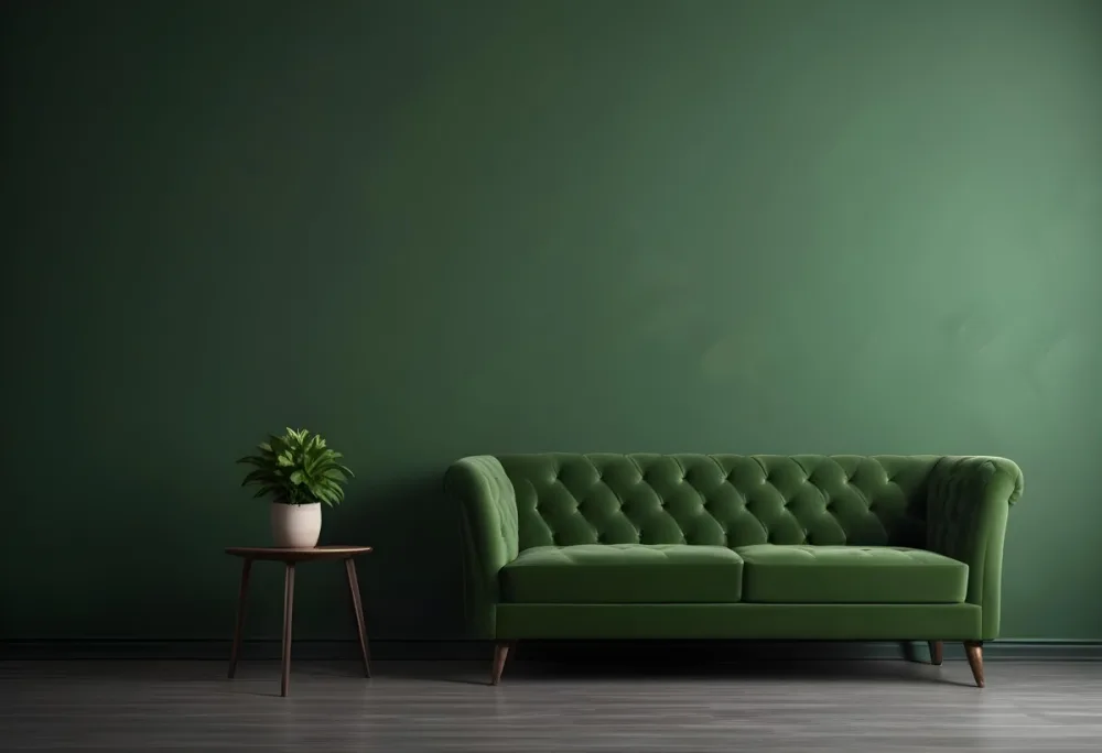 Minimal Soft Studio Light Photography Green Tufted Sofa In A Minimalist Room With A Potted Plant On A Side Table Against A Dark Green Wall High Detail Solid Bold Color Background 1 10e2