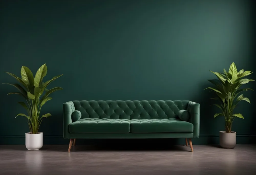 Minimal Soft Studio Light Photography Green Tufted Sofa In A Minimalist Room With A Potted Plant On A Side Table Against A Dark Green Wall High Detail Solid Bold Color Background 11 Dc86