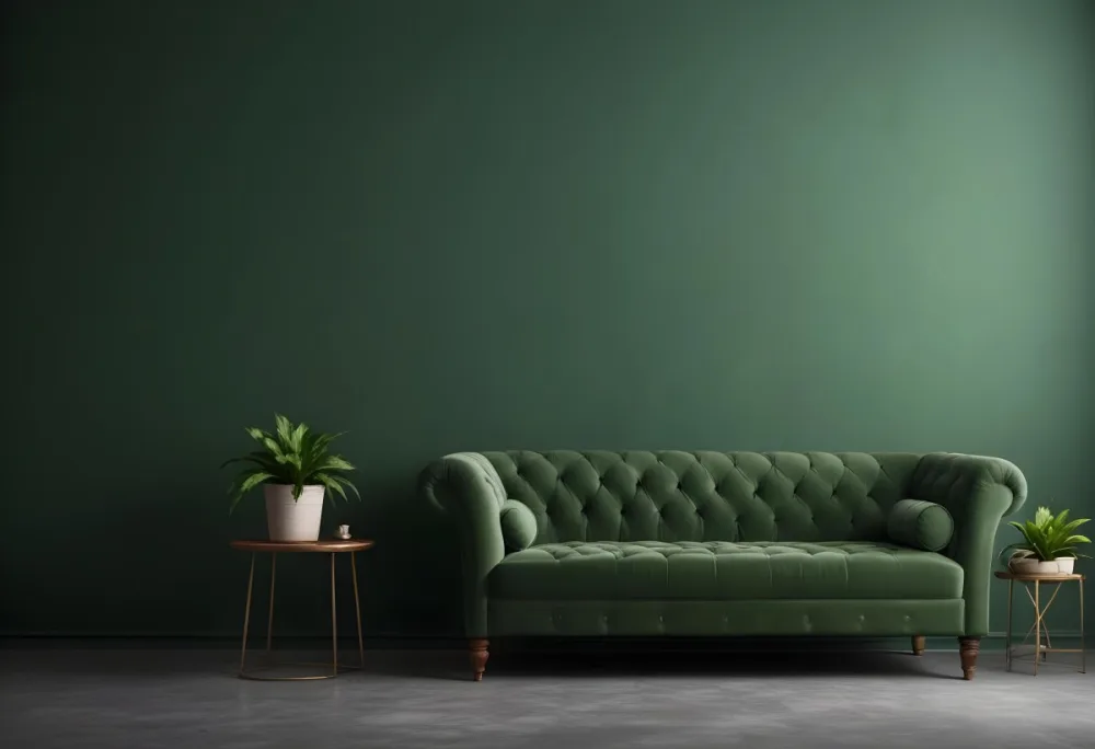 Minimal Soft Studio Light Photography Green Tufted Sofa In A Minimalist Room With A Potted Plant On A Side Table Against A Dark Green Wall High Detail Solid Bold Color Background 13 E2ef
