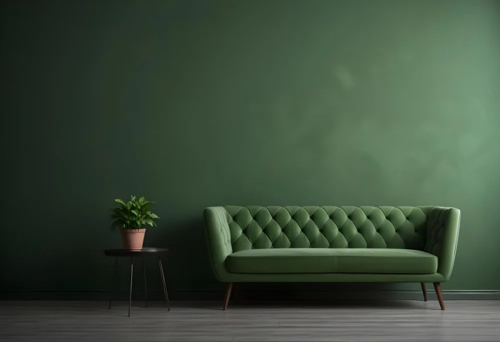 Minimal Soft Studio Light Photography Green Tufted Sofa In A Minimalist Room With A Potted Plant On A Side Table Against A Dark Green Wall High Detail Solid Bold Color Background 14 Facb