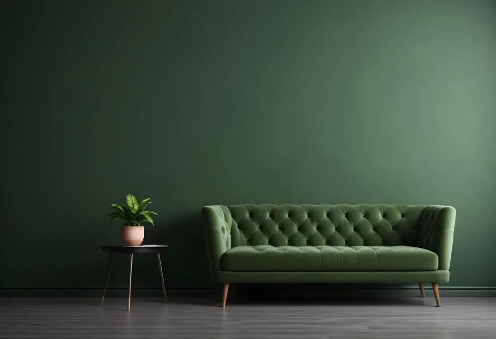Minimal Soft Studio Light Photography Green Tufted Sofa In A Minimalist Room With A Potted Plant On A Side Table Against A Dark Green Wall High Detail Solid Bold Color Background 15 F7ce