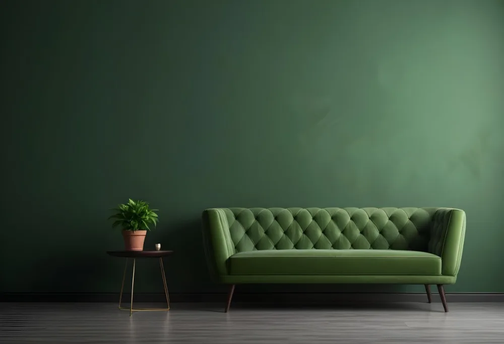 Minimal Soft Studio Light Photography Green Tufted Sofa In A Minimalist Room With A Potted Plant On A Side Table Against A Dark Green Wall High Detail Solid Bold Color Background 16 E171