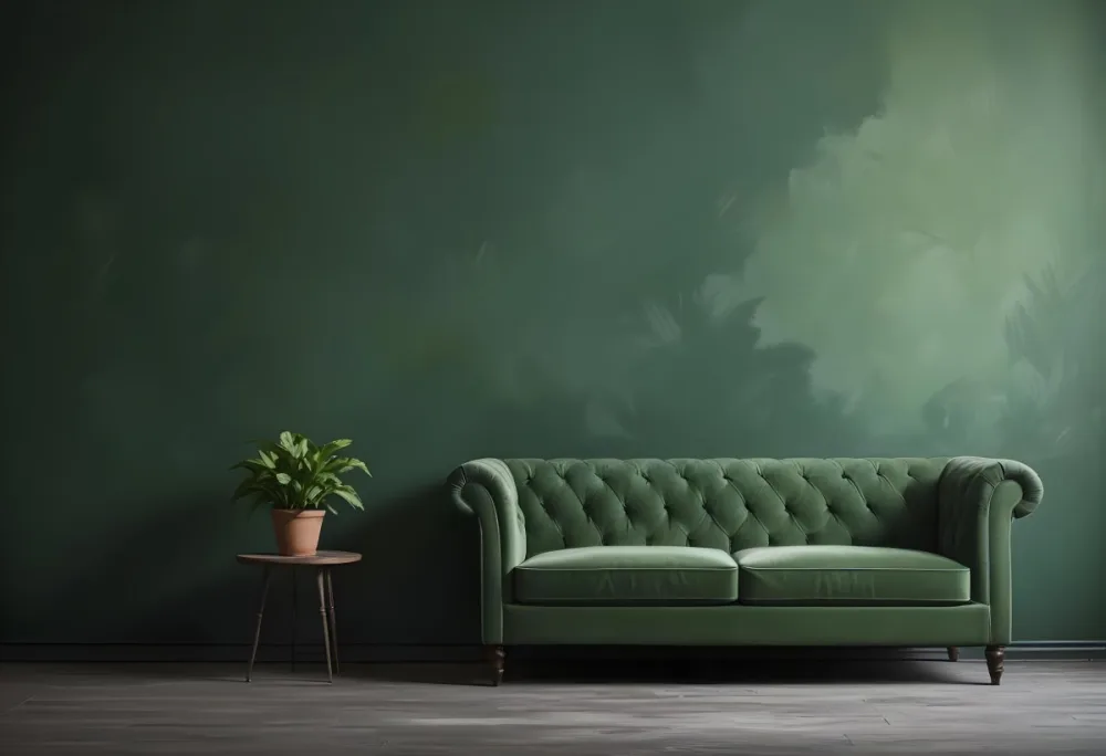 Minimal Soft Studio Light Photography Green Tufted Sofa In A Minimalist Room With A Potted Plant On A Side Table Against A Dark Green Wall High Detail Solid Bold Color Background 2 A023