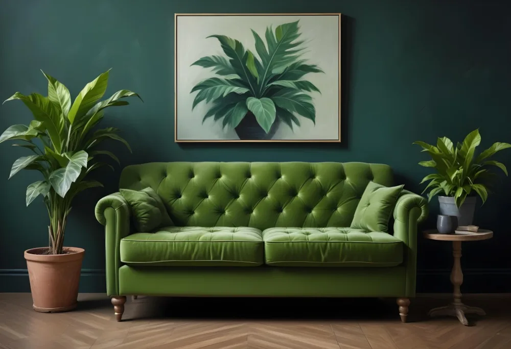 Minimal Soft Studio Light Photography Green Tufted Sofa In A Minimalist Room With A Potted Plant On A Side Table Against A Dark Green Wall High Detail Solid Bold Color Background 4 A1ba