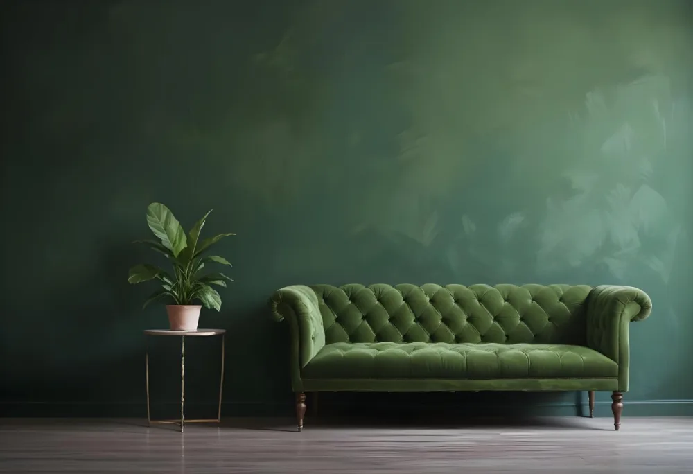Minimal Soft Studio Light Photography Green Tufted Sofa In A Minimalist Room With A Potted Plant On A Side Table Against A Dark Green Wall High Detail Solid Bold Color Background 5 C8d2