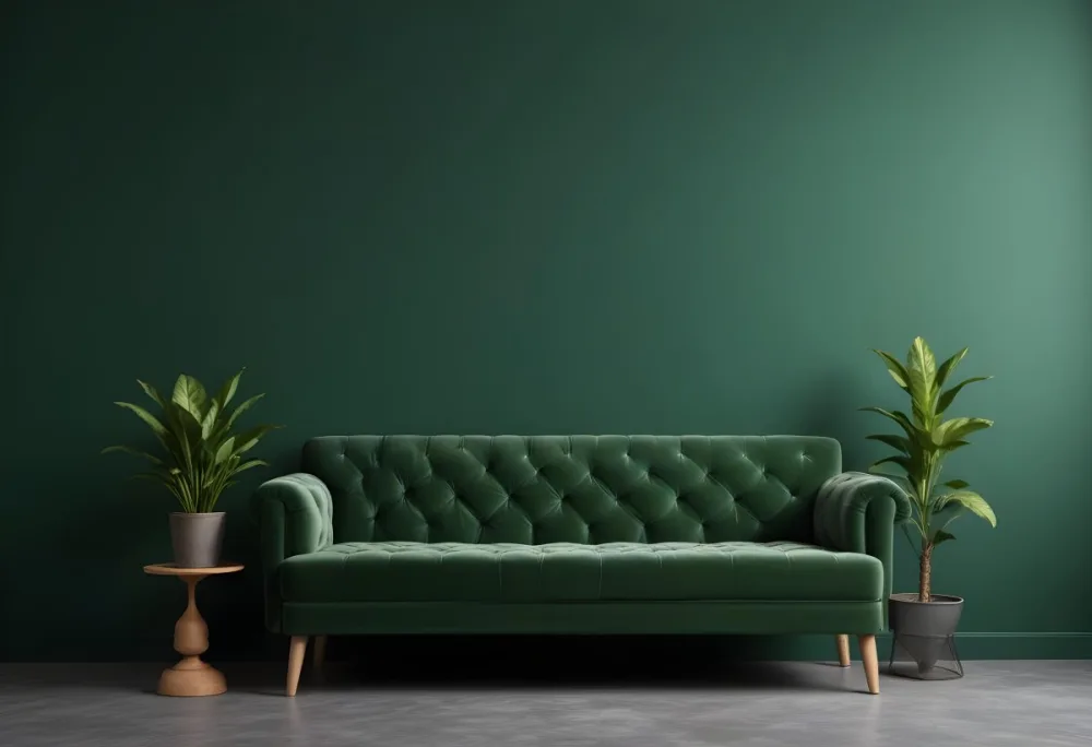 Minimal Soft Studio Light Photography Green Tufted Sofa In A Minimalist Room With A Potted Plant On A Side Table Against A Dark Green Wall High Detail Solid Bold Color Background 7 33f6