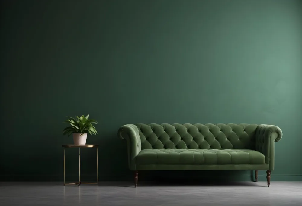 Minimal Soft Studio Light Photography Green Tufted Sofa In A Minimalist Room With A Potted Plant On A Side Table Against A Dark Green Wall High Detail Solid Bold Color Background 8 82c4