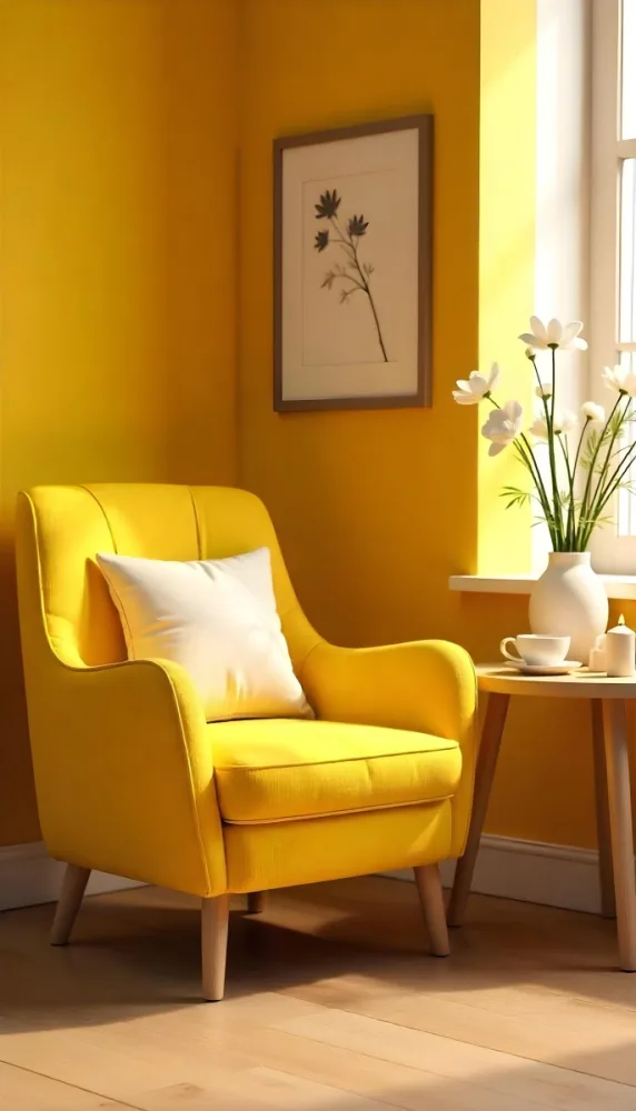 Yellow Armchair With A Flower Pillow Next To A Wooden Table With A Vase Of White Flowers A Cup Of Tea And A Candle With A Yellow Wall And A Framed Picture In The Background 12 7920