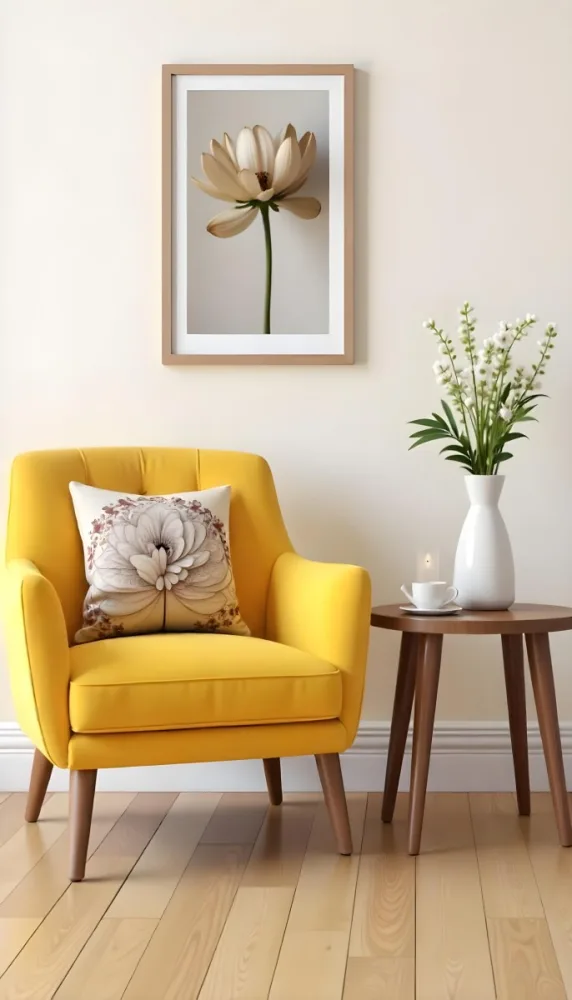 Yellow Armchair With A Flower Pillow Next To A Wooden Table With A Vase Of White Flowers A Cup Of Tea And A Candle With A Yellow Wall And A Framed Picture In The Background 18 9e21
