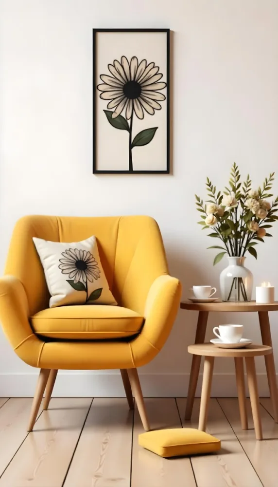 Yellow Armchair With A Flower Pillow Next To A Wooden Table With A Vase Of White Flowers A Cup Of Tea And A Candle With A Yellow Wall And A Framed Picture In The Background 19 9fc1