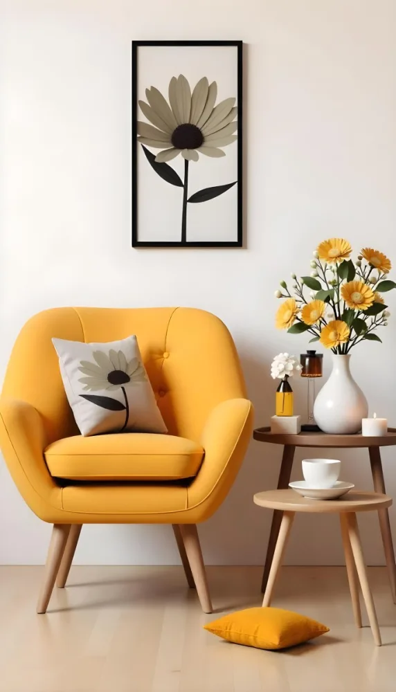Yellow Armchair With A Flower Pillow Next To A Wooden Table With A Vase Of White Flowers A Cup Of Tea And A Candle With A Yellow Wall And A Framed Picture In The Background 25 41f8