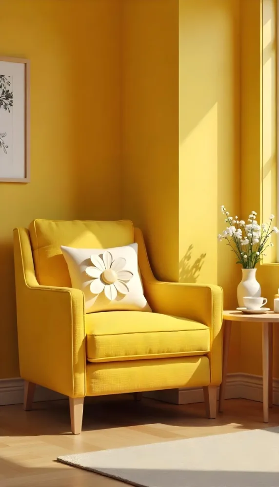Yellow Armchair With A Flower Pillow Next To A Wooden Table With A Vase Of White Flowers A Cup Of Tea And A Candle With A Yellow Wall And A Framed Picture In The Background 5 F671