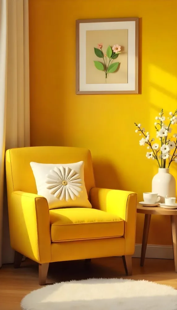 Yellow Armchair With A Flower Pillow Next To A Wooden Table With A Vase Of White Flowers A Cup Of Tea And A Candle With A Yellow Wall And A Framed Picture In The Background 6 672c