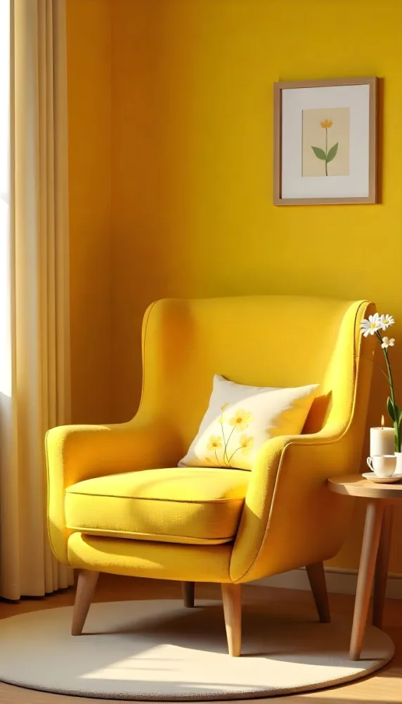 Yellow Armchair With A Flower Pillow Next To A Wooden Table With A Vase Of White Flowers A Cup Of Tea And A Candle With A Yellow Wall And A Framed Picture In The Background 8 3daf