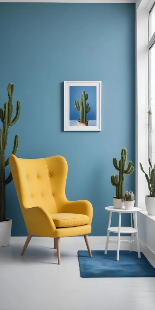 Yellow Armchair With A White Frame On The Wall And A White Table With Cactuses In A Blue Room 1 2546